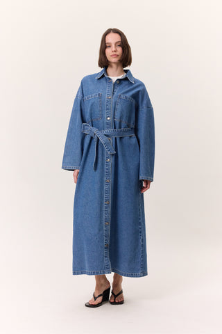 Button-Front Denim Shirt Dress Dark Blue