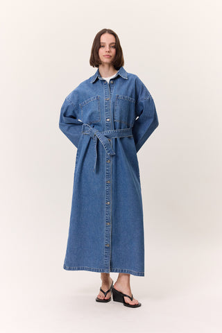 Button-Front Denim Shirt Dress Dark Blue