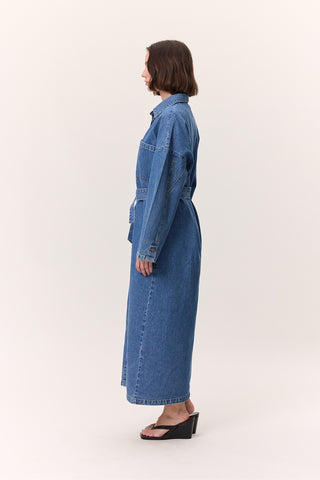 Button-Front Denim Shirt Dress Dark Blue