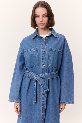 Button-Front Denim Shirt Dress Dark Blue