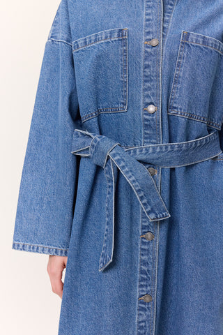 Button-Front Denim Shirt Dress Dark Blue