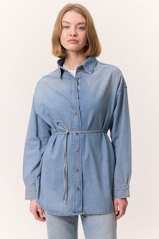 Oversized Belted Denim Shirt Blue
