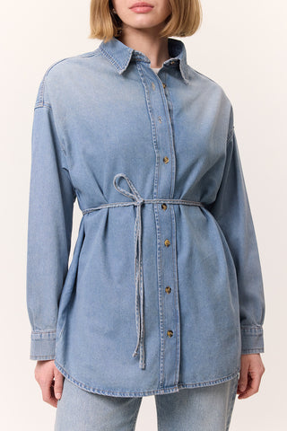 Oversized Belted Denim Shirt Blue