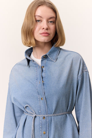 Oversized Belted Denim Shirt Blue