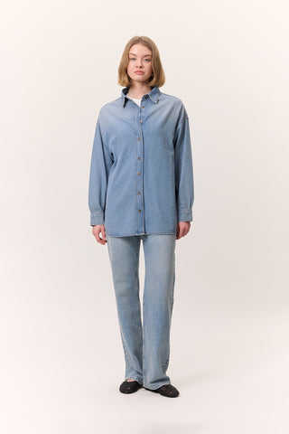 Oversized Belted Denim Shirt Blue