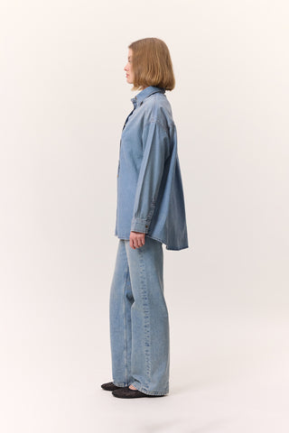 Oversized Belted Denim Shirt Blue