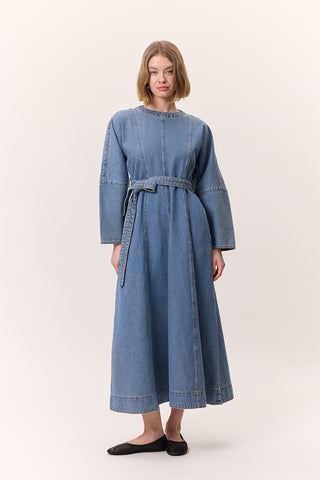 Wide Sleeve Belted Denim Dress Blue