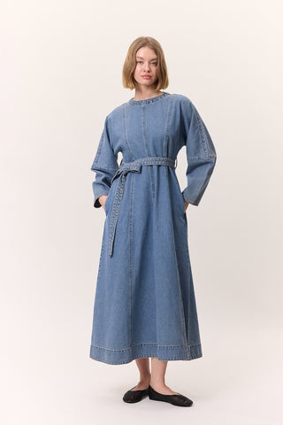 Wide Sleeve Belted Denim Dress Blue