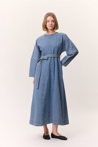 Wide Sleeve Belted Denim Dress Blue