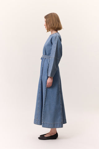 Wide Sleeve Belted Denim Dress Blue