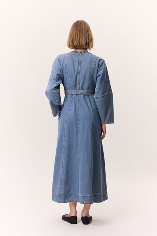 Wide Sleeve Belted Denim Dress Blue