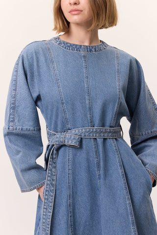Wide Sleeve Belted Denim Dress Blue
