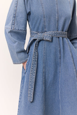Wide Sleeve Belted Denim Dress Blue