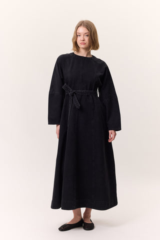 Wide Sleeve Belted Denim Dress Black