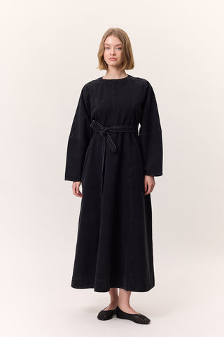 Wide Sleeve Belted Denim Dress Black