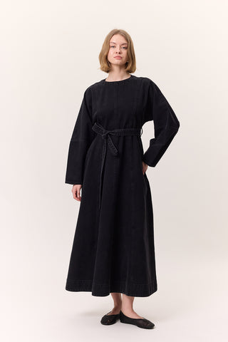 Wide Sleeve Belted Denim Dress Black
