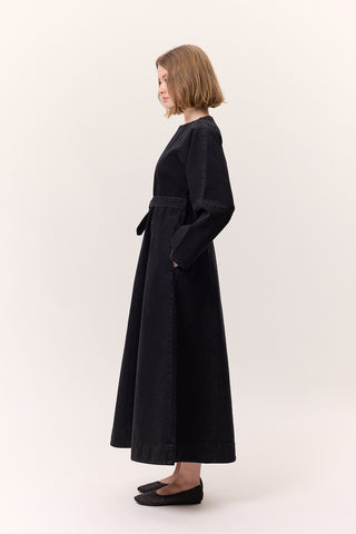 Wide Sleeve Belted Denim Dress Black