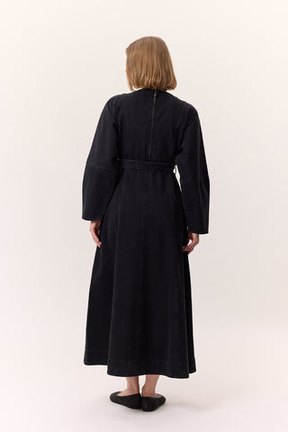 Wide Sleeve Belted Denim Dress Black