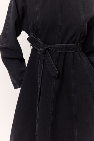 Wide Sleeve Belted Denim Dress Black