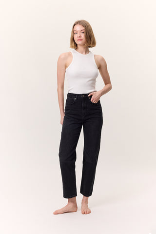 Yüksek Bel Mom-Fit Kot Pantolon Siyah