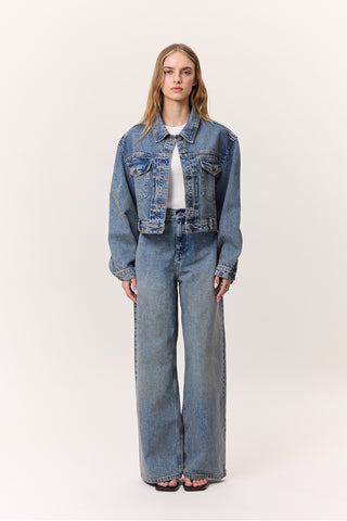 Cropped Denim Jacket With Pockets Dark Blue