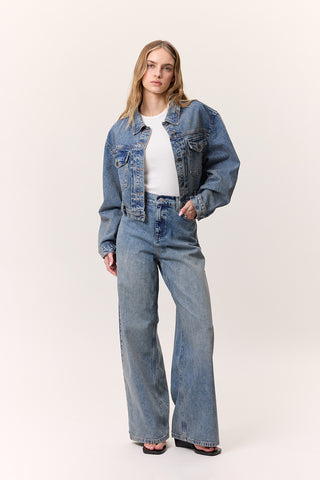 Cropped Denim Jacket With Pockets Dark Blue