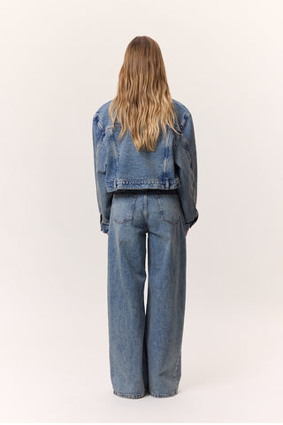 Cropped Denim Jacket With Pockets Dark Blue