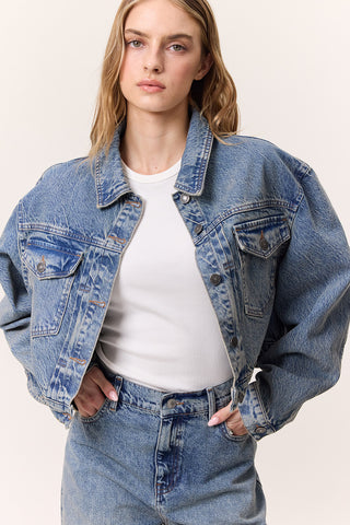 Cropped Denim Jacket With Pockets Dark Blue