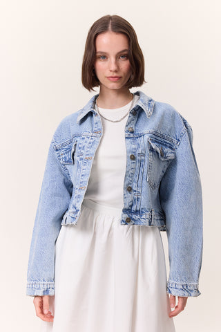 Cropped Denim Jacket With Pockets Light Blue
