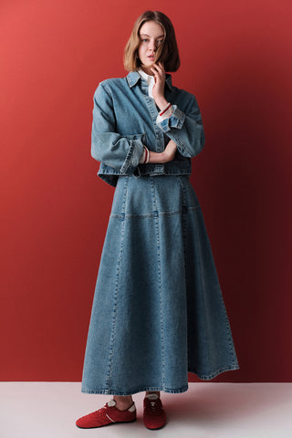Wide Gathered Denim Skirt Blue