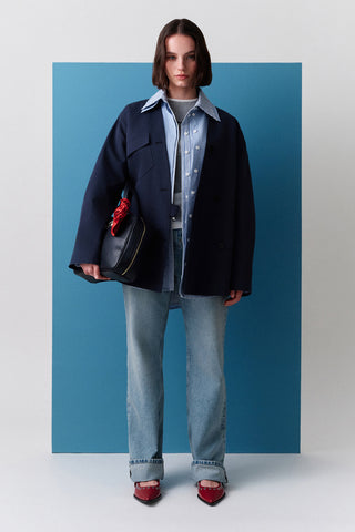 Buckle Detail Double-Breasted Jacket Navy Blue