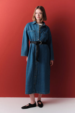 Button-Front Denim Shirt Dress Dark Blue