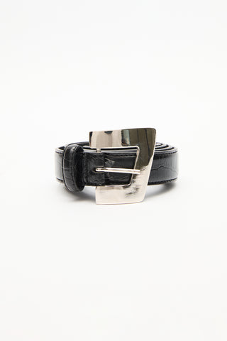 Textured Faux Leather Metal Buckle Belt Black