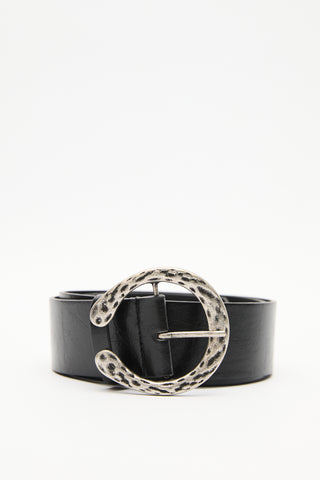 Hammered Buckle Faux Leather Belt Black