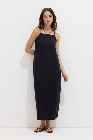 Linen Strappy Dress Black