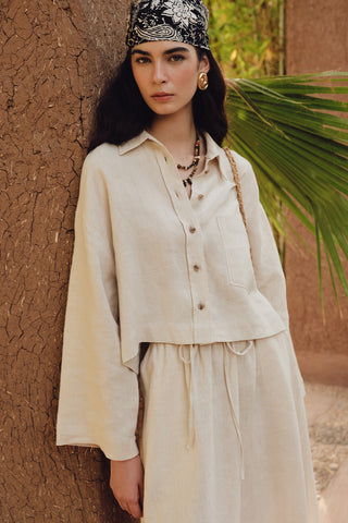 Long Sleeve Linen Crop Shirt Beige