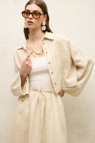 Long Sleeve Linen Crop Shirt Beige