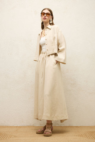 Long Sleeve Linen Crop Shirt Beige