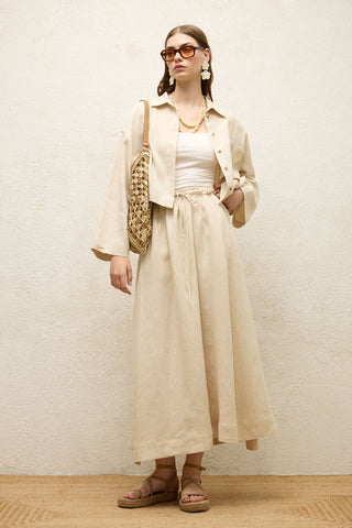 Long Sleeve Linen Crop Shirt Beige