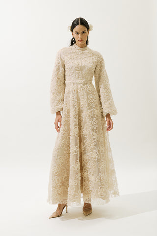 Long Sleeve Floral Volume Dress Pearl