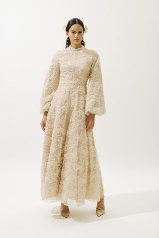 Long Sleeve Floral Volume Dress Pearl