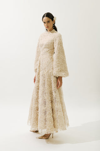 Long Sleeve Floral Volume Dress Pearl