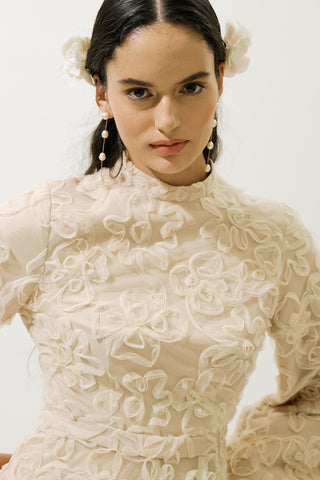 Long Sleeve Floral Volume Dress Pearl