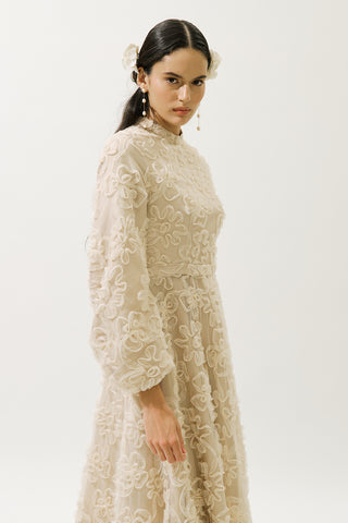 Long Sleeve Floral Volume Dress Pearl