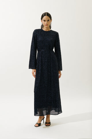 Long Sleeve Shimmer Evening Dress Navy Blue