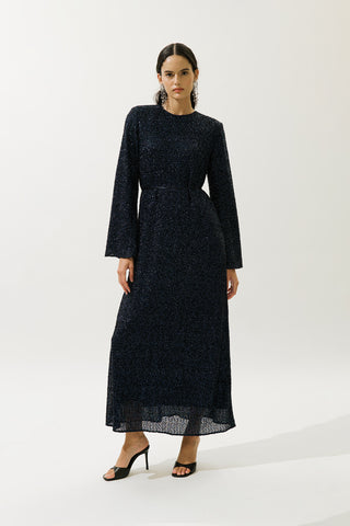 Long Sleeve Shimmer Evening Dress Navy Blue