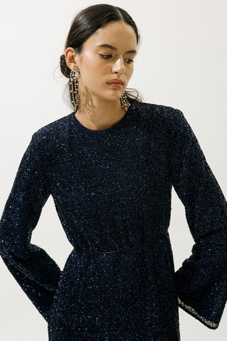 Long Sleeve Shimmer Evening Dress Navy Blue