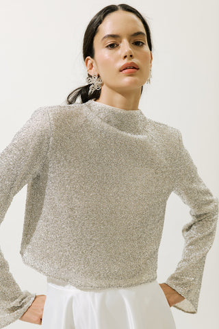 Shimmery Long Sleeve Blouse Nude