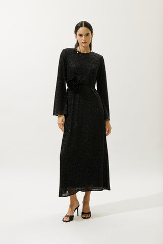 Long Sleeve Shimmer Evening Dress Black