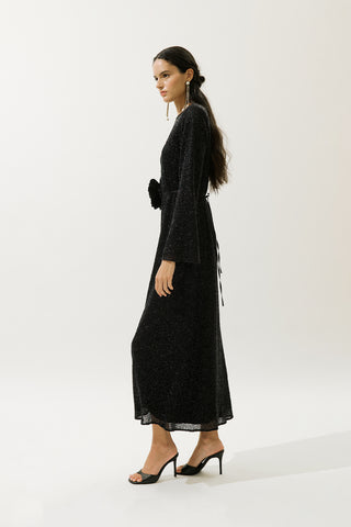 Long Sleeve Shimmer Evening Dress Black